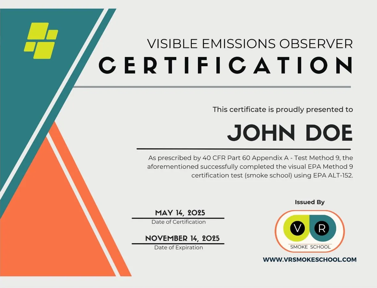 EPA Method 9 certificate issued by VR Smoke School.