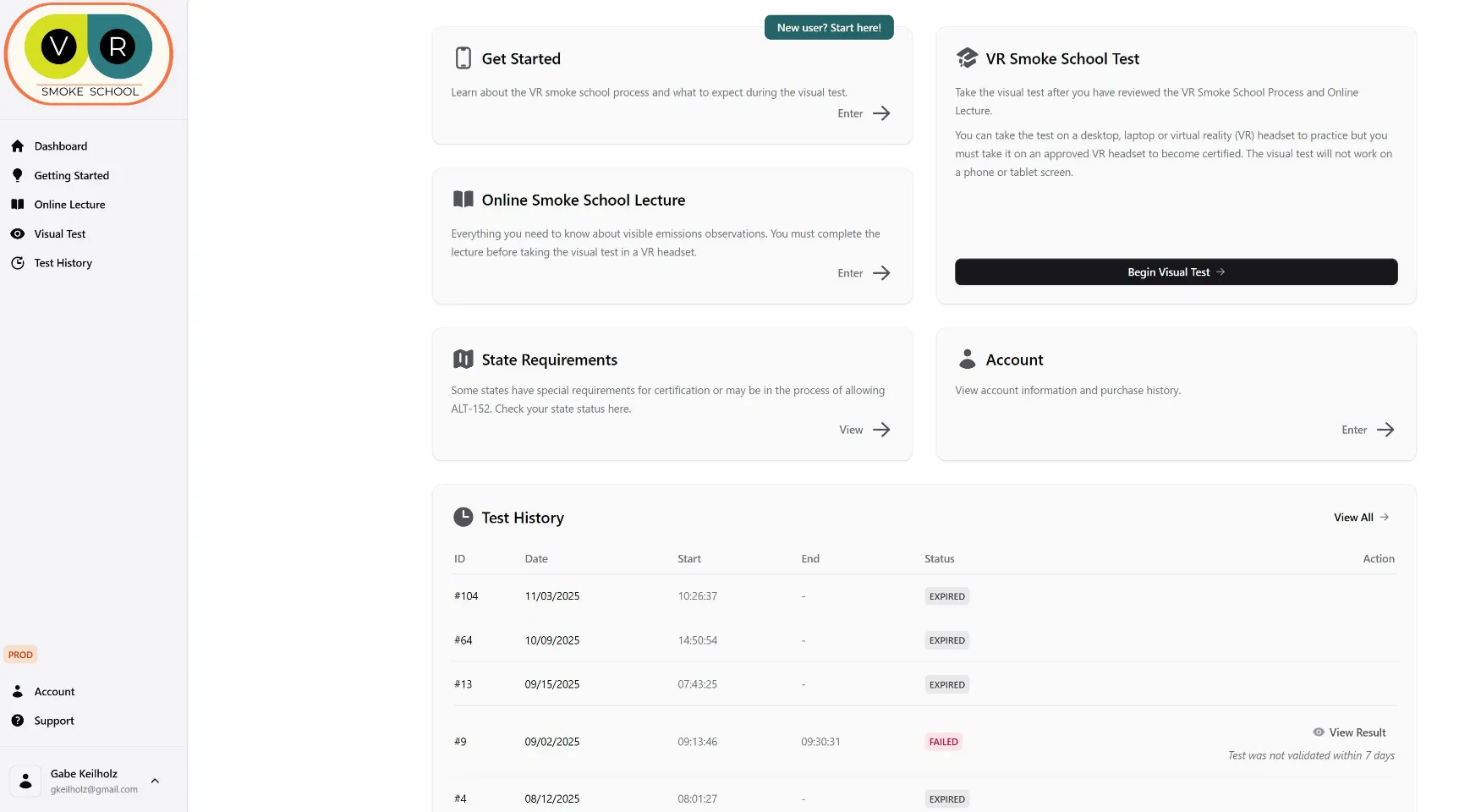 Dashboard for a VR Smoke School client after account creation.