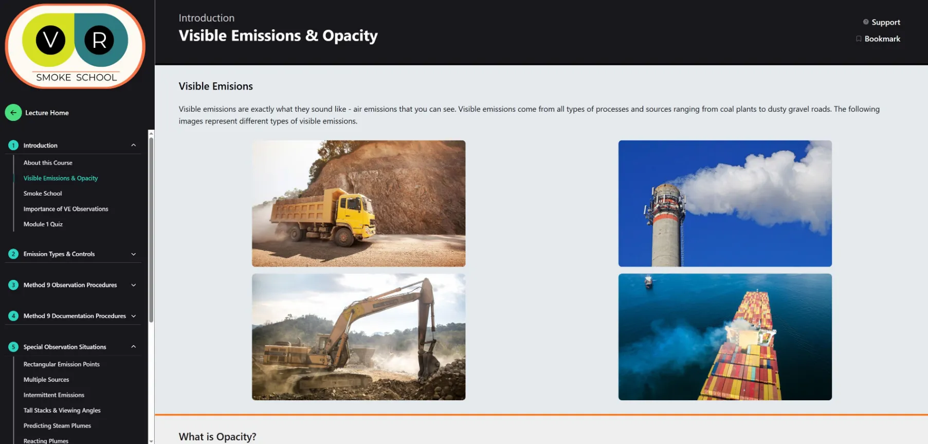Screenshot of the VR Smoke School Online Lecture demonstrating types of visible emissions.