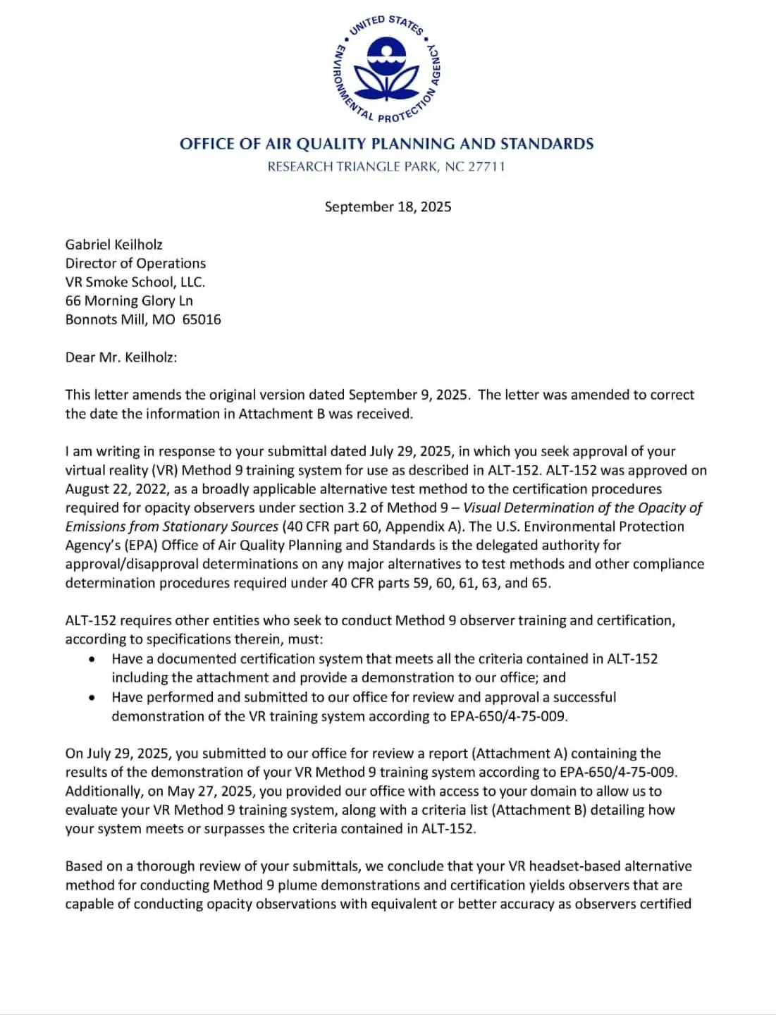EPA ALT-152 approval letter