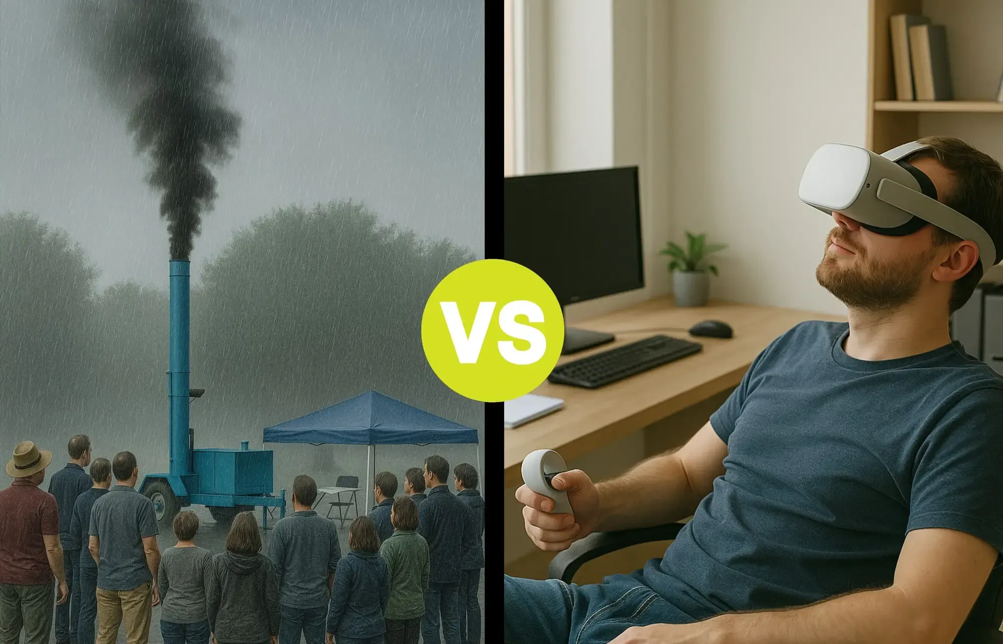 Difference between in-person smoke school and VR smoke school. Image showing an in-person smoke school on a rainy day VS a man taking the VR smoke school using a VR headset.