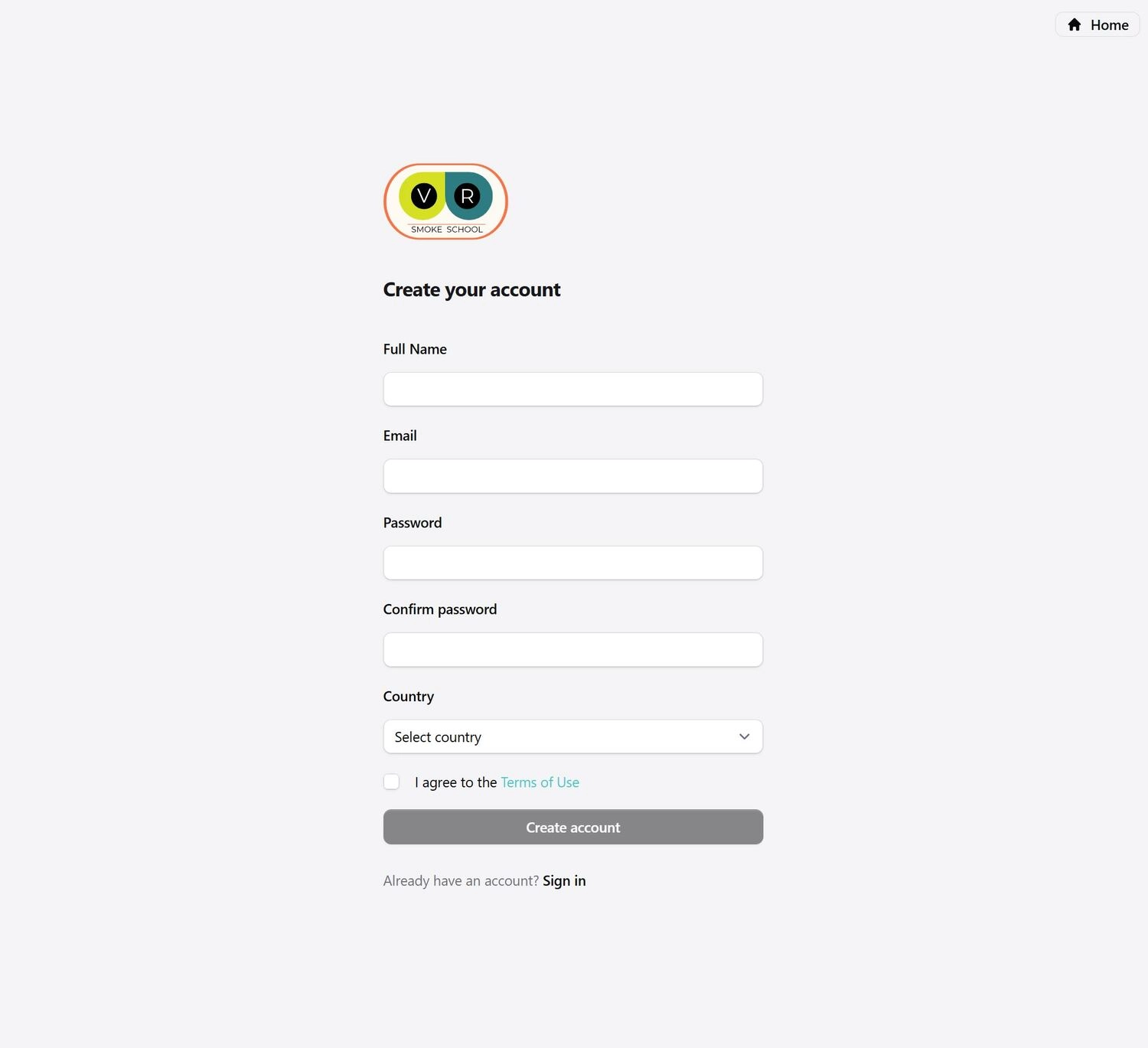 Image showing the sign up form for a free VR smoke school account.