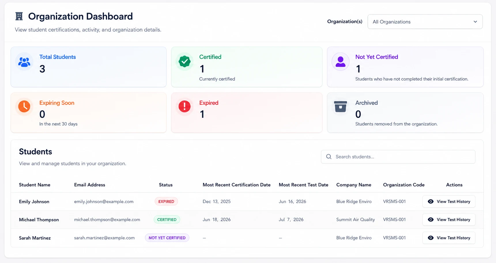 VR Smoke School Administrator Dashboard showing student certification status and test history